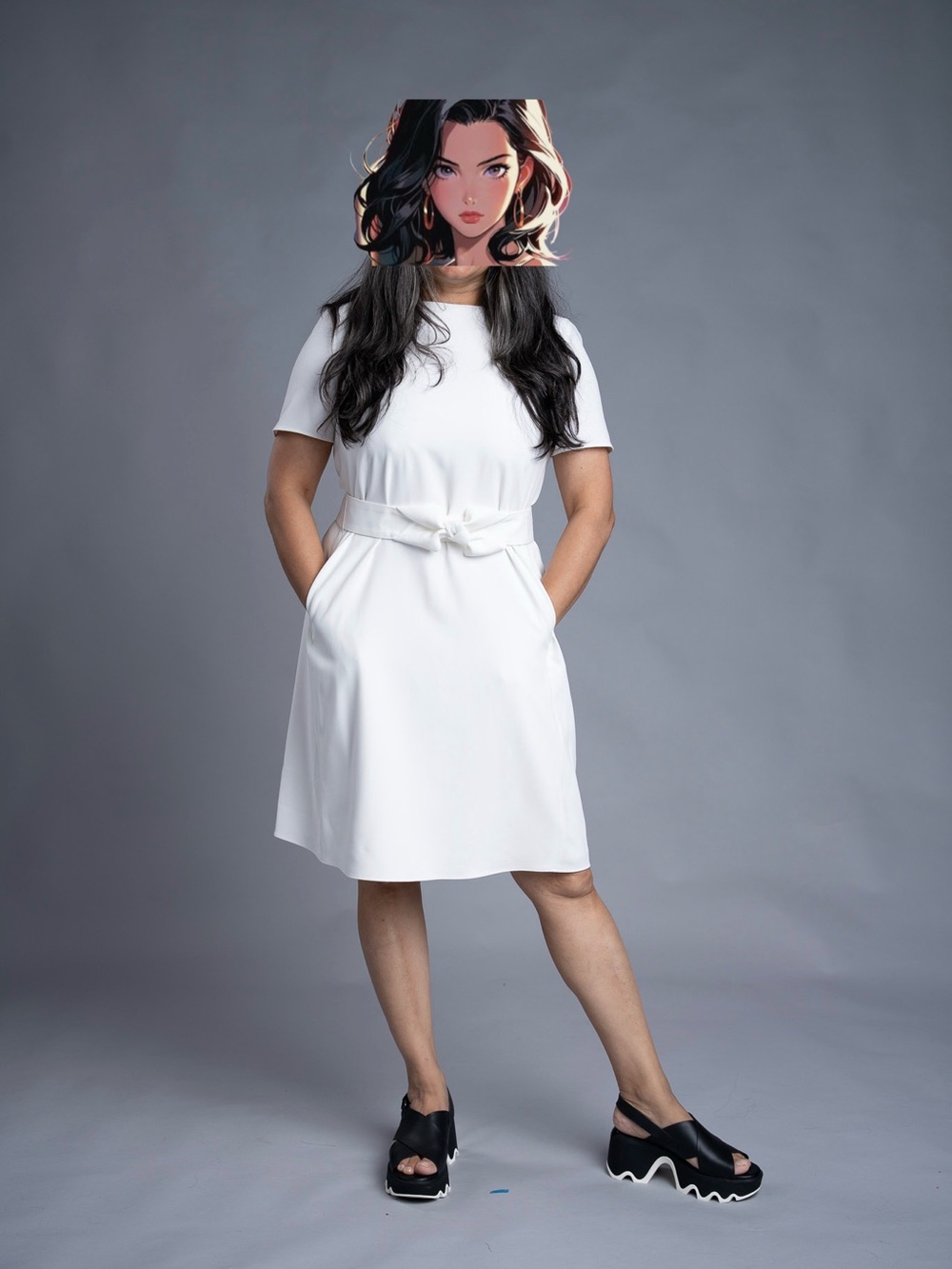 Emporio Armani White Short-Sleeve Belted Dress with pockets